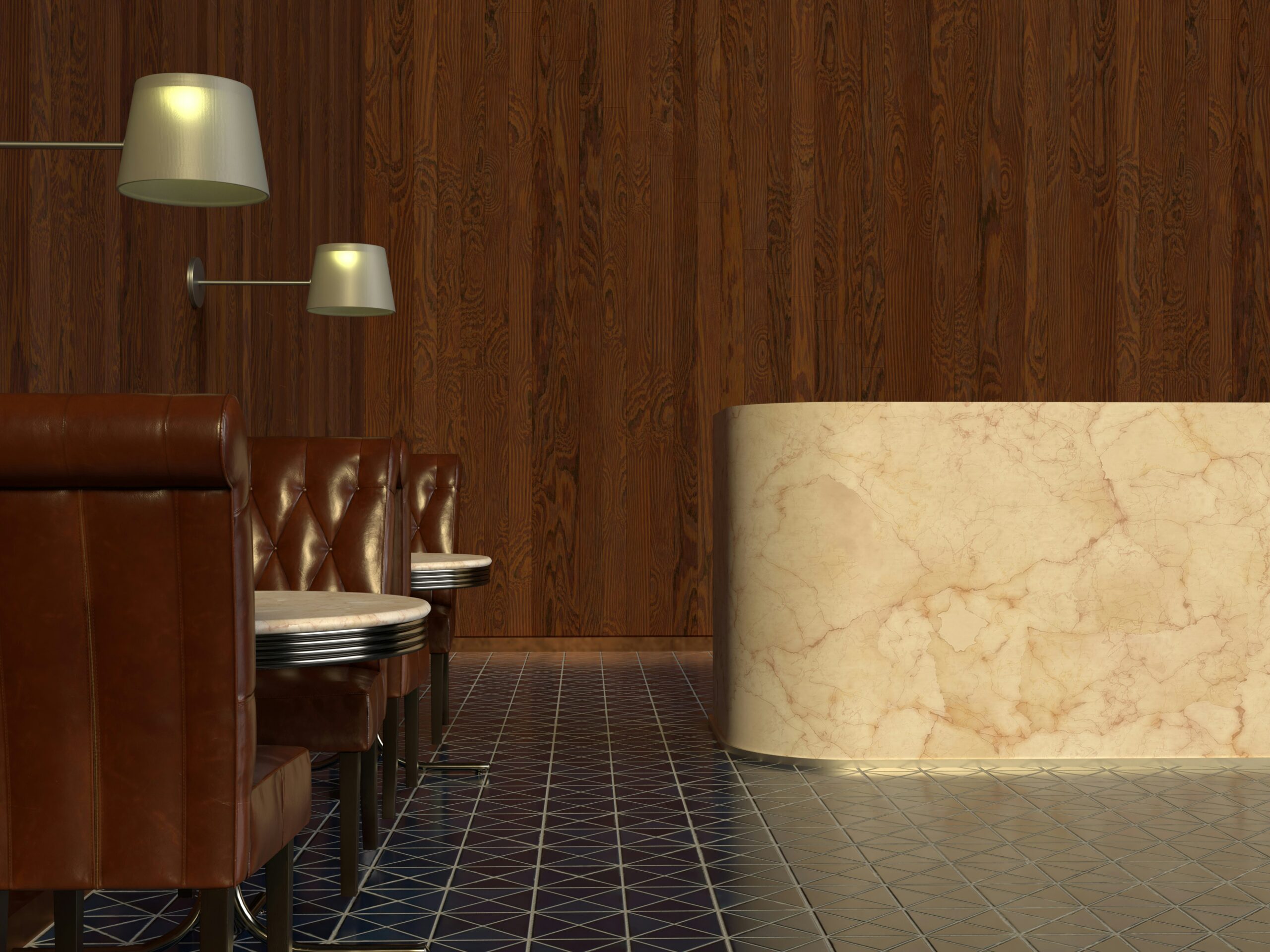 Warm leather booth seating beside a curved marble counter in a wood-panelled interior with soft ambient lighting and patterned tile flooring.