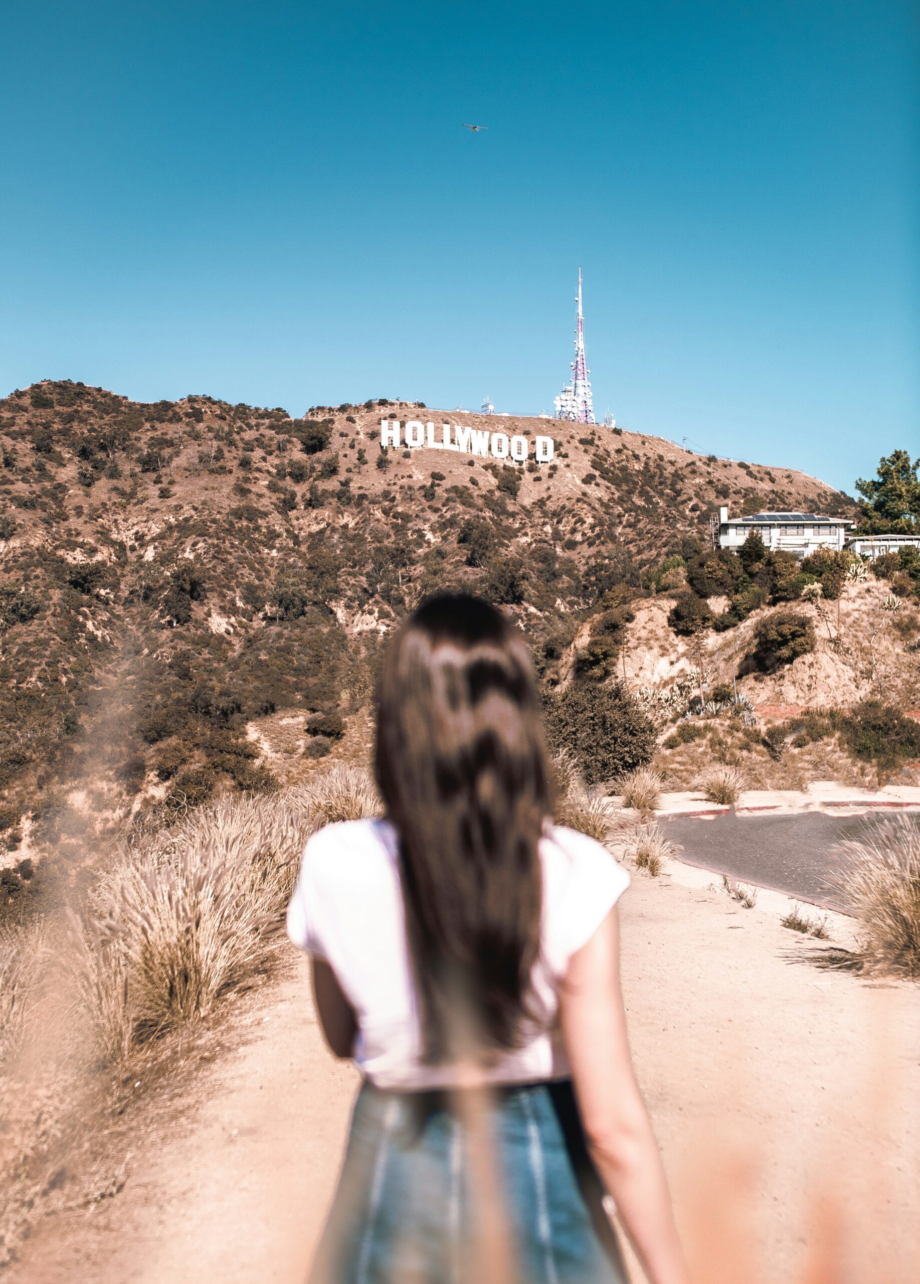 Back view of a well-dressed woman walking into a Hollywood therapy office, evoking a private, high-profile consultation setting.