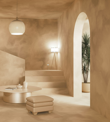 Warm minimal interior with arched architecture and soft natural light creating a calm, grounded space