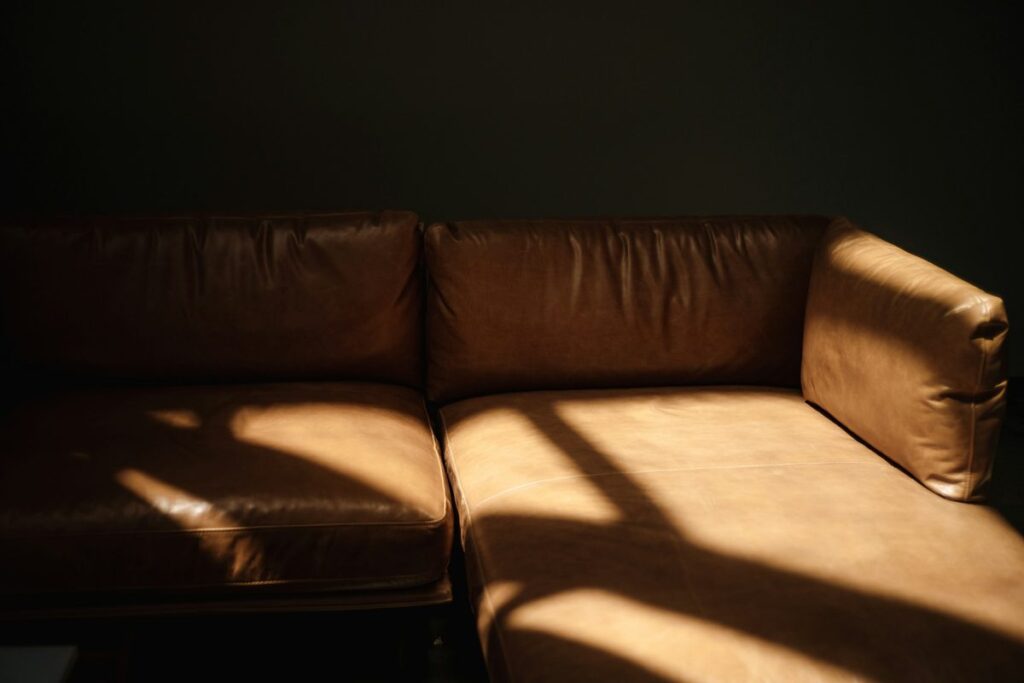 Warm sunlight casting long shadows across a deep brown leather sofa in a quiet interior